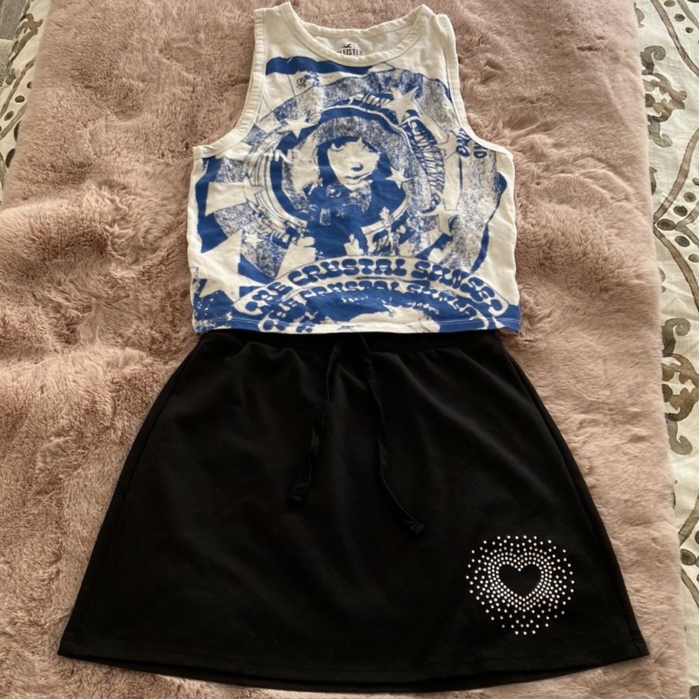 Y2k Bundle White/blue Tank top Size:L Juniors & black mini skirt Size:S juniors